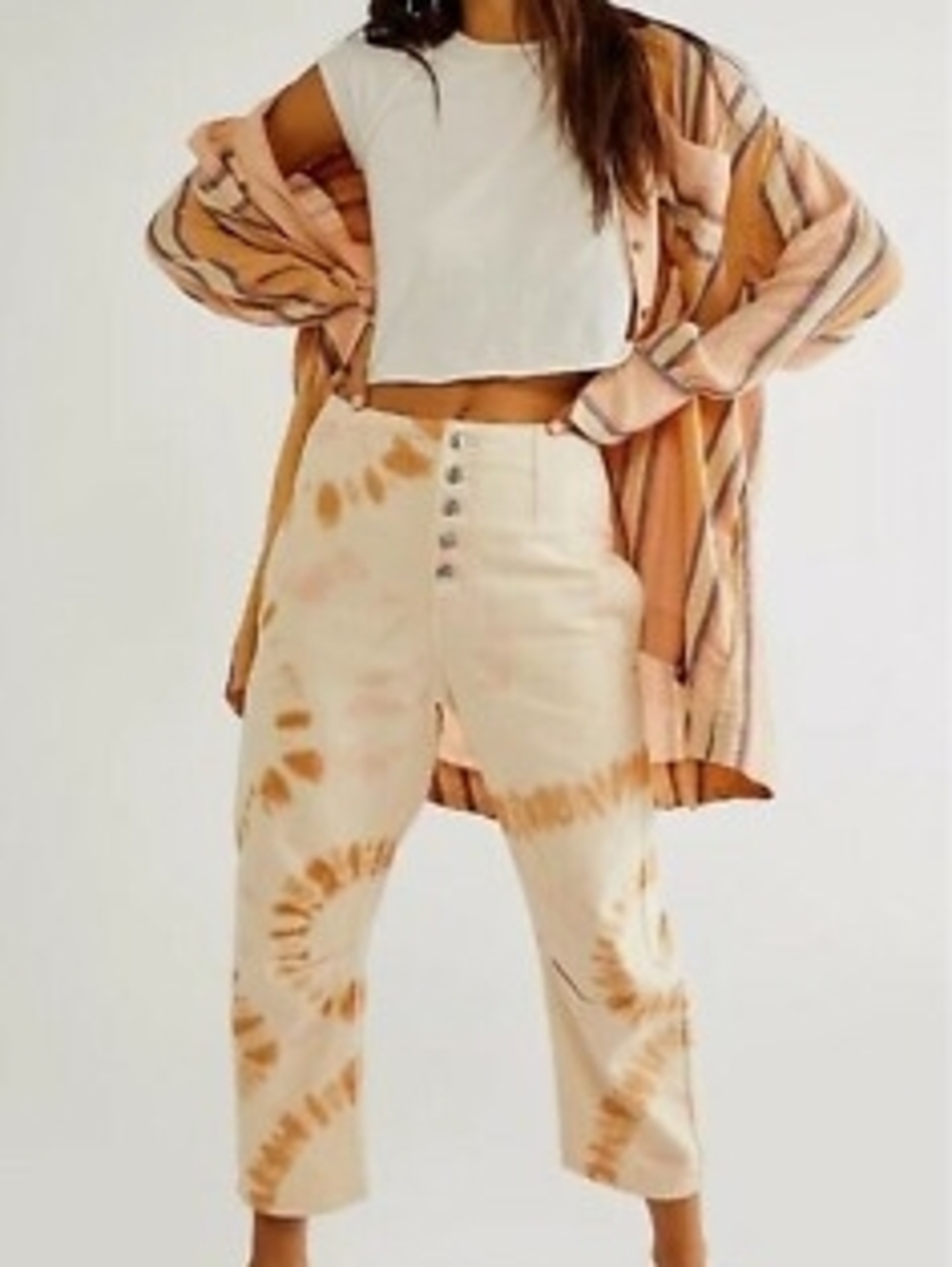 Free People Cream and Tan High-Rise Tie-Dye Crop Pants